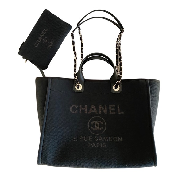 FULL SET - CHANEL Deauville Large Shopping Bag (Black Canvas w/ Silver Hardware) - Picture 5 of 17